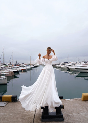 Off Shoulder White Pleated Chiffon Bohemian Beach Wedding Dress